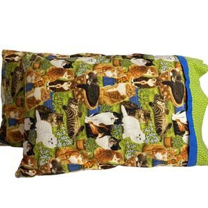 Handmade Cat Pillowcase Green Persian Tiger Tuxedo 19x29 S/Q Lot of 2 Farmhouse